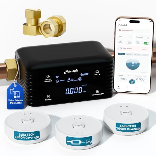 Frizzlife LPG365-P Smart Water Automatic Shutoff Valve W/ 3 Leak Sensors, 0.01 GPM Ultrasonic Micro Leak Detection,Wi-Fi/App Enabled Flow Meter, Pressure+Flow Monitor,24/7 Water Usage Reports,1.25"＆1" by FRIZZLIFE
