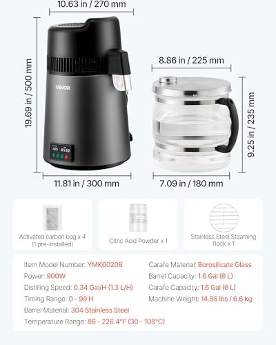 VEVOR Water Distiller, 6L/1.6 Gallon Larger Pure Water Purifier Filter for Home Table Countertop, 900W Glass Pot Distilled Maker, Stainless Steel Interior Drinking Machine to Make Clean Water - Image 7