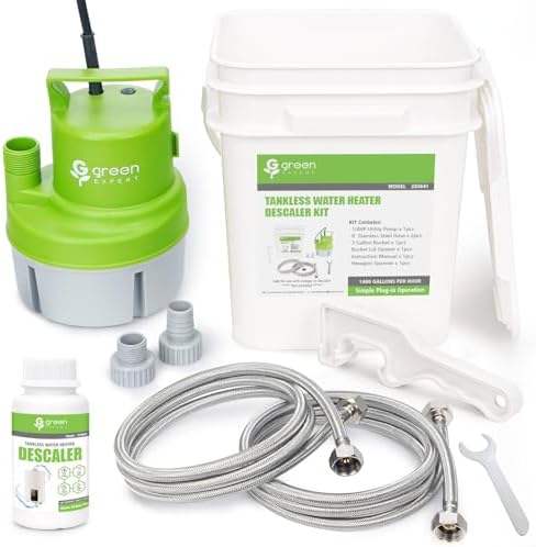 Green Expert Tankless Water Heater Flushing Kit with Powder Descaler, Circulation Pump, 3 Gallon Bucket, 3/4” GHT Stainless Steel Hoses for Cleaning, Descaling & Annual Maintenance by TornadoTools