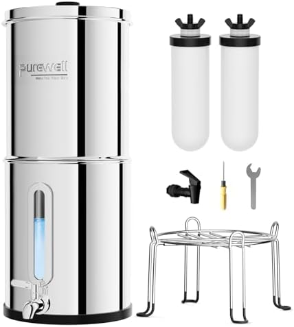 Purewell 2.25G Gravity Water Filter System with Water Level Window, 3-Stage Stainless Steel Countertop System with 2 Washable Ceramic Filters and Stand, Reduce up to 99% Chlorine, PW-KST by Purewell