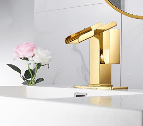 Gold Bathroom Faucets LED Waterfall Spout One Hole RGB 3 Colors Light Changing Lavatory Vanity Sink Faucet Brass Single Handle Modern Washbasin Bath Basin Tap Contemporary with Water Supply Lines - Image 6