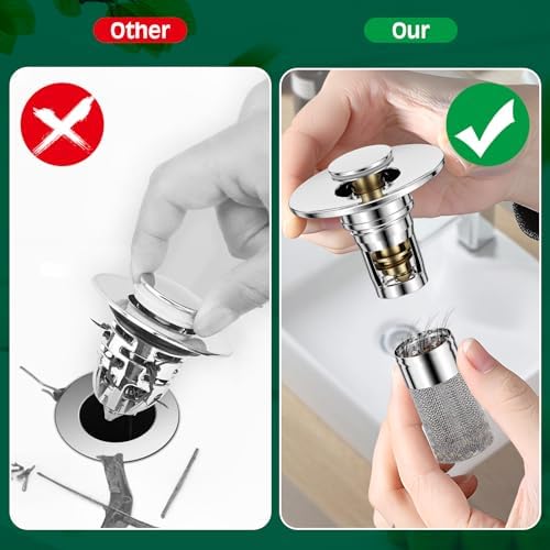 Vodolo 3 in 1 Sink Drain Strainer with Hair Catcher,4PCS Stainless Steel Popup Sink Stopper with Basket for Bathroom Kitchen Shower,Pop-up Bounce Core Floor Basin Drain Filter,Replacement Sink Plug - Image 3