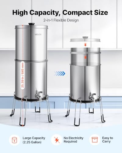 VEVOR Gravity-fed Water Filter System, 2.25G 304 Stainless-Steel Countertop Water Filtration System, Reduces Lead and up to 99% of Chlorine, w/ 2 Carbon Filter, 2 Defluorination Filter, Spigot, Stand - Image 6
