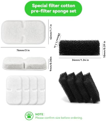 Cat Water Fountain Filter Replacement: 8 Carbon Filters & 8 Foam Sponges Kitty Spout Pump Filters for 108Oz/3.2L & 67Oz/2L Stainless Steel Pet Water Dispenser Cat Dog - Image 2