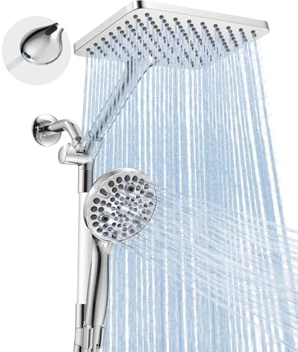 Dual Handheld Shower Head Combo, 2-in-1 Rain Shower Heads System Wide Rainfall Shower Head and 10 Modes High Pressure Hand Held Showerhead with Built-in Power Wash - Chrome by MakeFit