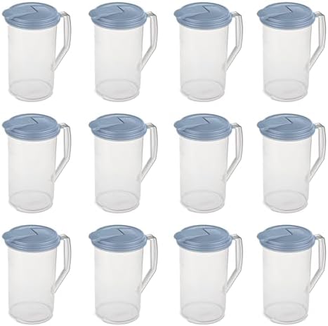 Sterilite 2 Quart Clear Round Plastic Pitcher, Dishwasher Proof with Blue Lid, Spout, and Handle for Easy Pouring, Washed Blue, 12-Pack by Sterilite