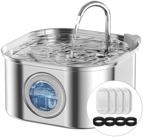 Cat Water Fountain Stainless Steel,108oz/3.2L Automatic Pet Water Fountain,Cat Fountain with Water Level Window,Water Fountains for Cats Indoor with 4 Replacement Filters and 4 Sponges by TheBestPetConsultant