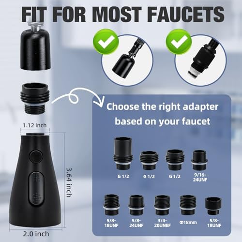 Kitchen Faucet Head Replacement, 3-Function Pull Down Spray Head with 9 Adapters, Sink Faucet Spray Head Compatible with Moen, Delta, American Standard Faucet, etc, Matte Black - Image 3