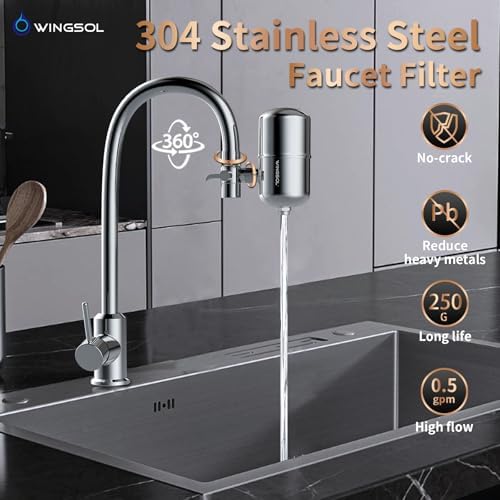 WINGSOL Stainless Steel Water Filter for Sink Faucet, NSF/ANSI 42&53, 360° Rotating Tap Purifier, Reduce Heavy Metals 99.6% Lead, Improve Taste, 250 Gallons Mineral pH+ Water, Reinforced Housing - Image 2