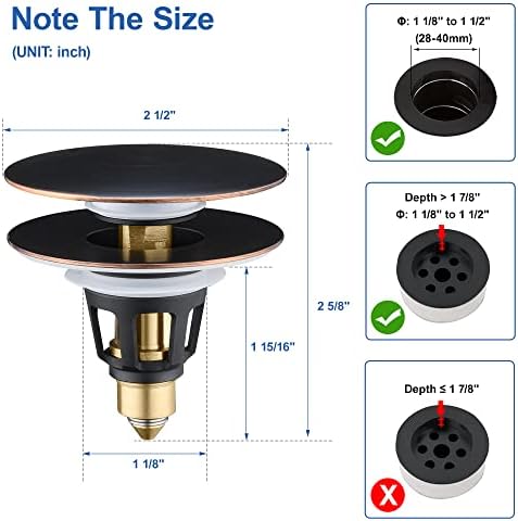 Universal 3-in-1 Bathroom Sink Stopper - Pop Up Sink Drain Stopper, Push Button Sink Drain Stopper Replacement, Wash Basin Drain Filter Plug with Anti-Clogging Strainer, Oil Rubbed Bronze - Image 2