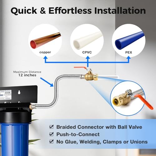 iSpring WGB32B-DS+AHPF12MNPT16X2 Anti-Scale Whole House Water Filter System w/ 3/4'' Push-Fit Stainless Steel Hose Connectors, Reduces Sediment, Scale, Chlorine, Corrosion Water Descaler Filter - Image 4