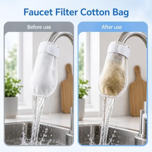 High Density Faucet Filter,Faucet Filter Cotton Bag,Cotton Filter Bag for Faucet,Splash Proof Cottons Pouch Kit,for Most Faucets,Improves Water Quality for Cooking and Cleaning(50PCS+10 Straps) - Image 3