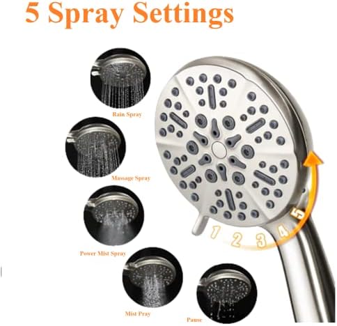 High Pressure Shower Head with Handheld - 5 Spray Settings High Flow Detachable Rain Shower Heads with 60” Extra-long Stainless Steel Hose and Adjustable Bracket with Brass Joint – Brushed Nickel - Image 2