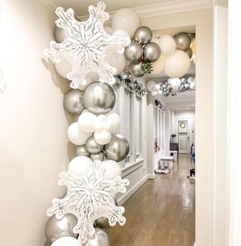 Winter Wonderland Snowflake Balloon Arch Garland Kit, 116PCS White and Silver Latex Balloons with Snowflake Foil Balloons for Winter Onderland New Year Wedding Birthday Christmas Party Decorations - Image 3