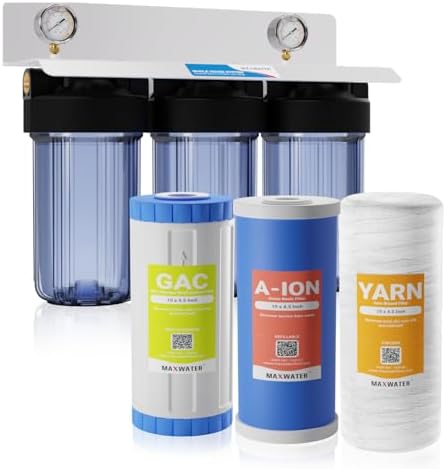 Max Water 3 Stage (Sediment, Tannin/Nitrate, Odor & Improving Taste) Whole House (10 inch x 4.5 inch), Water Filtration System with Double O Ring Housing - Sediment + Anion + GAC - 1" Inlet/Outlet by MaxWater