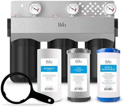 Brio Whole House Water Filter System w/Gauges | 3 Stage Fast-Flow Filtration (Sediment, CTO Carbon Block, Iron & Maganese) 4.5" x 10" Filters | Improves Taste, Protects Home Appliances | 720 GPH by Brio