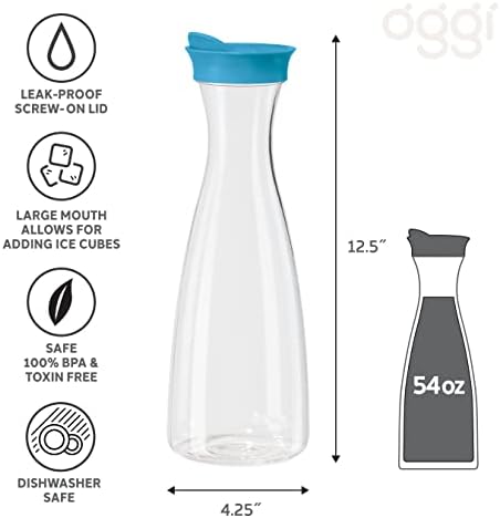 OGGI Clear Carafe w/Flip Open Lid - Ideal Juice Bottle, Clear Pitcher with Lid, Tea Pitcher, Water Carafe, 1.6 Lt(54Oz), Aqua - Image 6
