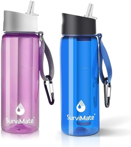 SurviMate Purified Water Bottle for Camping, Hiking, Backpacking and Travel, BPA Free with 5-Stage Intergrated Filter Straw by SurviMate