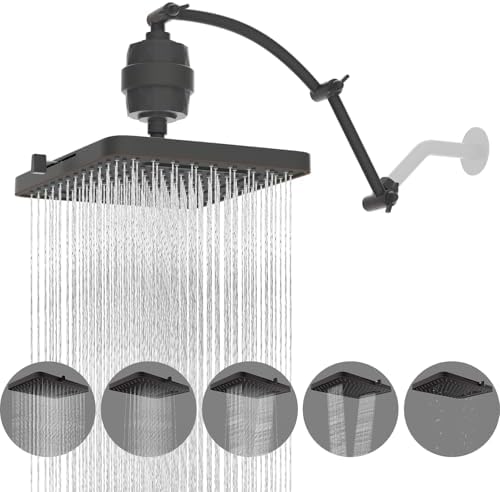 Hibbent Rain Filtered Shower Head, 13'' High Pressure Rainfall 5 Modes Showerhead with 16" Shower Head Extension Arm, Brass Adjustable Shower Arm Extender, 20 Stage Shower Filter, Oil Rubbed Bronze by Hibbent