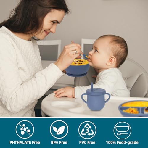 100% Silicone Baby Feeding Set, BPA Free Baby Dishes with Suction Bowl, Divided Plate, Toddler Self Feeding Dish Set with Spoons, Forks, Sippy Cup and Bib, Baby Eating Utensils (Navy Blue) - Image 5