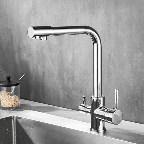 3-Way Kitchen 360° Swivel Osmosis Water Filter Tap with Dual Levers White Sink Mixer Perfect for Drinking Water Modern Design Easy Installation,Electroplating - Image 2