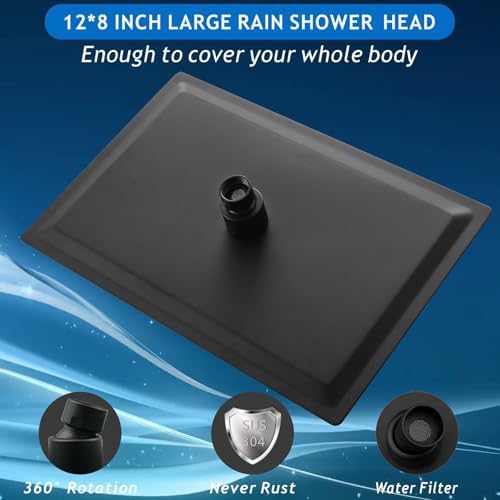 Voolan Rain Shower Head - High Flow Large Rainfall Shower Heads Made of Stainless Steel - Waterfall Bathroom Square Showerhead - Ceiling or Wall Mount (12 * 8 Inch Rectangle, Matte Black) - Image 2