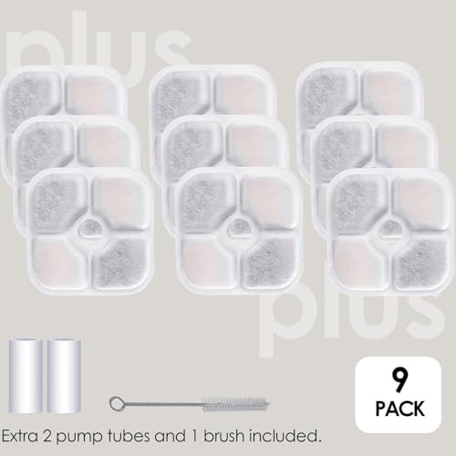 9-Pack Cat Water Fountain Filter Compatible With Cat Pixi Water Fountain Filter Replacement Triple Action Water Filter, 2 Pump Tubes 1 Hard Brush - Image 2