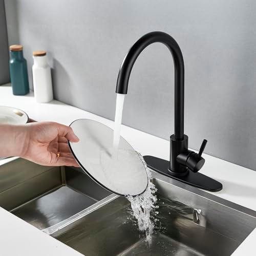Single Handle High Arc Matte Black Kitchen Faucet Stainless Steel Commercial Single Hole Kitchen Sink Faucet, Modern One Hole Bar Sink Faucet with Deck Plate - Image 2