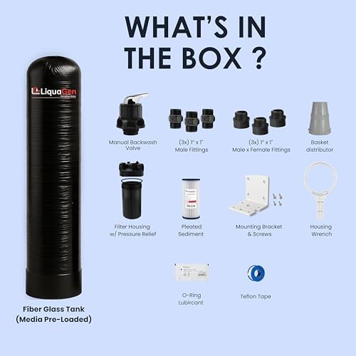 LiquaGen Manual Backwash Whole House Water Filter System with Carbon + KDF Media and Final Sediment Filtration, High-Flow Design, Durable Tank, Easy Hand Rinse Operation (7+ Bathrooms) - Image 2
