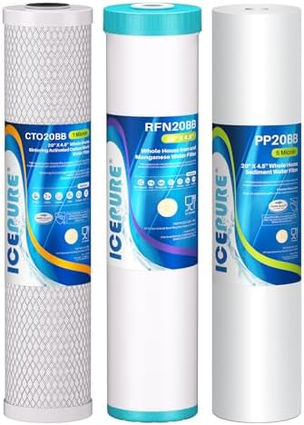 ICEPURE 3-Stage 4.5"x 20" Whole House Water Filter Replacement Kit, 5 Micron Sediment, Iron & Manganese Reduce, Carbon Block Cartridge Replacement for Any 20 Inch Water Filter by ICEPURE