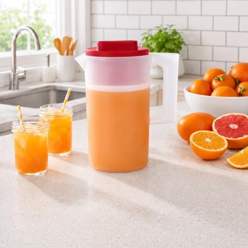 FALAH 2Quart Plastic Pitcher with Lid, Clear Body with Red Lid, Large Water & Juice Pitcher for Refrigerator, Cold Drink Mixing, Kitchen Beverage Storage - Image 5