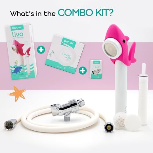 Barumi Livo Filtered Showerhead for Kids Combo Kit | Shark Pink | Children's Handheld Shower Heads with PVC Hose & Shower Holder - Image 3