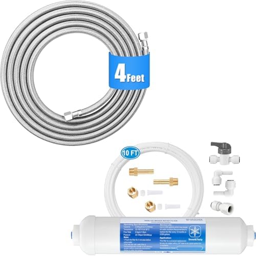 4 FT Premium Stainless Steel Braided Ice Maker Water Hose + Inline Water Filter Kit for Ice Maker and Refrigerator by HAOCHENKitchenAccessories