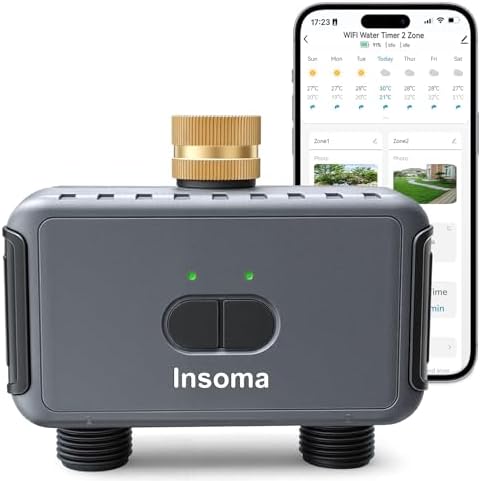 Insoma 2-Zone WiFi Water Timer for Garden Hose, WiFi Hose Timers with Brass Inlet, No-Gateway 2.4GHz Remote APP & Voice Control (Alexa/Google), Rain Delay & Manual Mode for Yard Lawn Garden Watering by Insoma