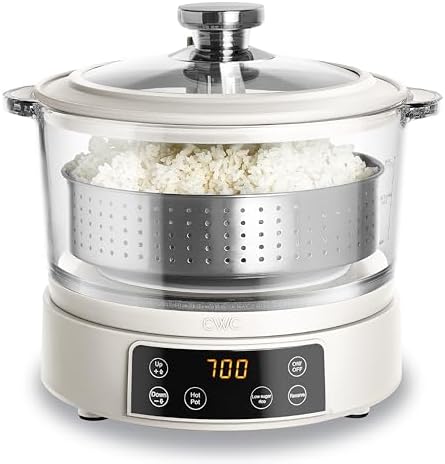 COOK WITH COLOR Glass Mini Low Carb Rice Cooker – Holds 2 Cups Raw/Makes 6 Cups Cooked with Auto Lift Filter Basket, Hotpot & Steamer for Rice, Grains, Digital Panel with Keep Warm, Cream by CookwithColor