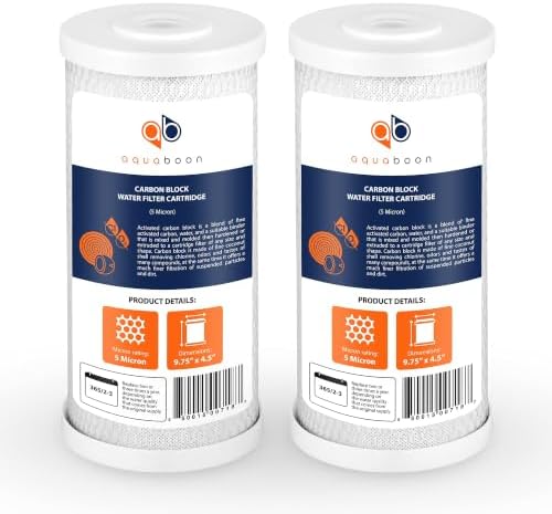 Aquaboon 5 Micron 10x4.5 Carbon Block Water Filters Whole House CTO Water Filter Replacement Cartridge Compatible with FXHTC, CB-BB-10, EP-BB, 2-Pack by Aquaboon