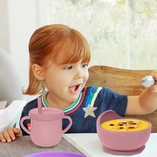 100% Silicone Baby Feeding Set,BPA Free Baby Dishes Set with Suction Bowl Divided Plate,Toddler Self Feeding Dish Set with Spoons Forks Sippy Cup and Bib, Baby Eating Utensils (Coral) - Image 7