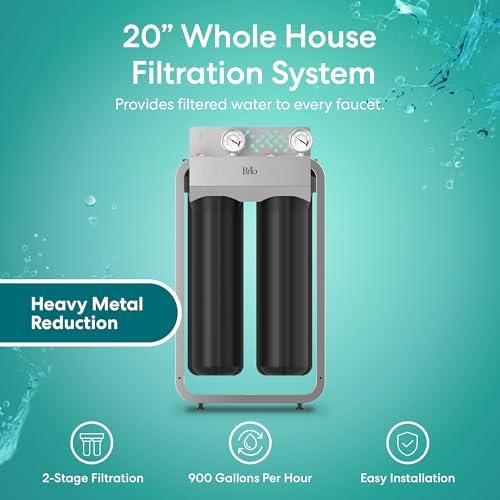 Brio Whole House Water Filter System for Heavy Metal Reduction w/Gauges | 2 Stage Fast-Flow Filtration (Sediment, GAC + KDF) 4.5" x 20" Filters | Improves Taste & Protects Home Appliances | 900 GPH - Image 2
