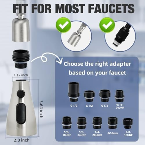 Kitchen Faucet Head Replacement, 3-Function Pull Down Spray Head with 9 Adapters, Sink Faucet Spray Head Compatible with Moen, Delta, American Standard Faucet, etc, Brushed Nickel - Image 3