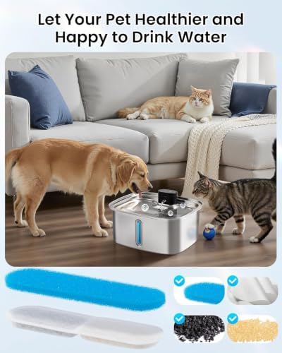 10L Pet Water Fountain Filters, Stainless Steel Dog Cat Dispenser with Wi-Fi, 2.64 Gallon Automatic Filtered Water Bowl Using Filter, 8 Filters and Sponges - Image 3