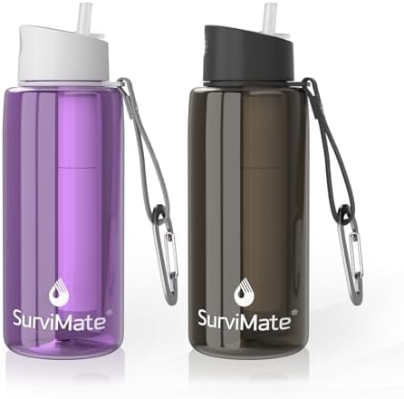 SurviMate Purified Water Bottle for Camping, Hiking, Backpacking and Travel, BPA Free with 5-Stage Intergrated Filter Straw by SurviMate