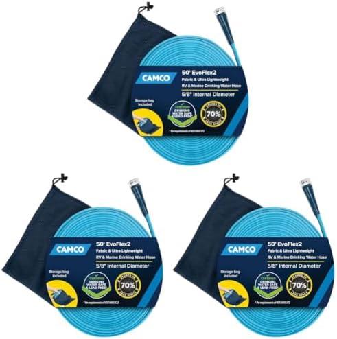 Camco EvoFlex2 50-ft Drinking Water Hose - RV Drinking Water Hose Reinforced with Fabric & Ultra Lightweight - Contains No_Lead, No_BPA & No_Phthalate - Abrasion Resistant (22579) (Pack of 3) by Camco