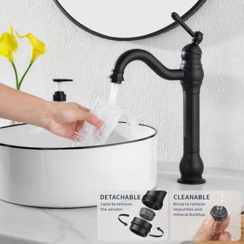Black Bathroom Faucet GGStudy 360° Swivel Single-Handle One Hole Bathroom Vessel Sink Faucet Matching Pop Up Drain - Image 4