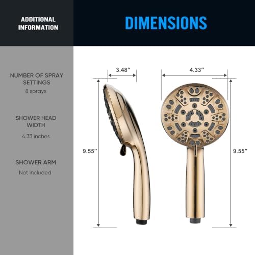 Cobbe 8-Setting Handheld Shower Head, Water-Saving Design, Gold - Image 6