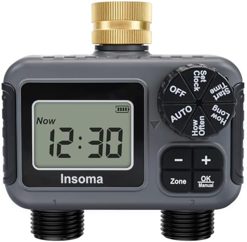 Insoma 2-Zone Hose Timer - Brass Inlet Dual Outlet Sprinkler Timer with Rain Delay/Manual/Auto Modes, 2-Outlet Water Timers for Garden/Greenhouse/Flower Irrigation, Durable Faucet Timers for Lawn Care by Insoma