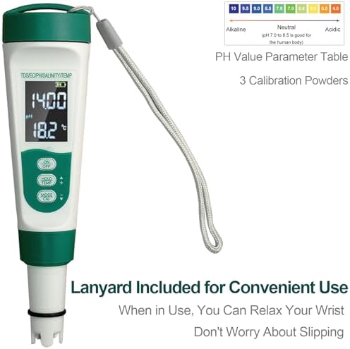 Display PH Meter Watter Tester 5 in 1, Functions: PH,TDS,EC,Salt,Temp, IPX5 Waterproof, High Accuracy With 3 Calibration Powders, for Saltwater Pool, Hot Tubs, SPAs, Aquarium, Hydroponics System - Image 6