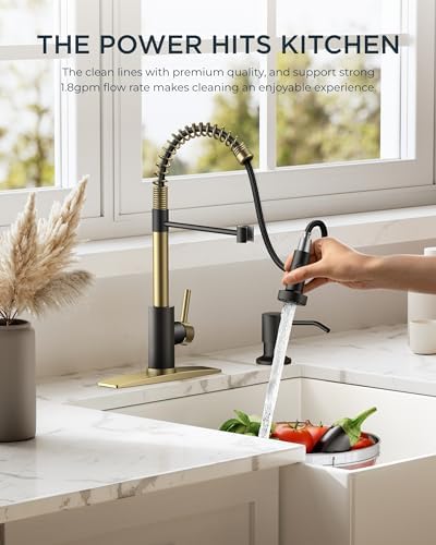 FORIOUS Kitchen Faucets, Pull Down Sprayer, Classic High Arc, Black Gold - Image 4