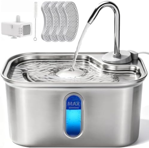 Cat Water Fountain Stainless Steel for Cats Indoor 2.5L 85oz by BPA-Free SUS304, Effective 6-Layer Filter Cat Fountain for Drinking 15dB Ultra Quiet Metal Pet Water Fountain (Fountain+4 Filters) by Petlipo