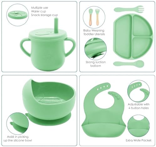 100% Silicone baby feeding set,BPA free Baby dishes set with Suction Bowl Divided Plate,Toddler Self Feeding Dish Set with Spoons Forks Sippy Cup And Bib, Baby Eating Utensils (Neon Green) - Image 4