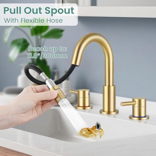 Brushed Gold Bathroom Sink Faucet 3 Hole with Pull Down Sprayer - Image 2